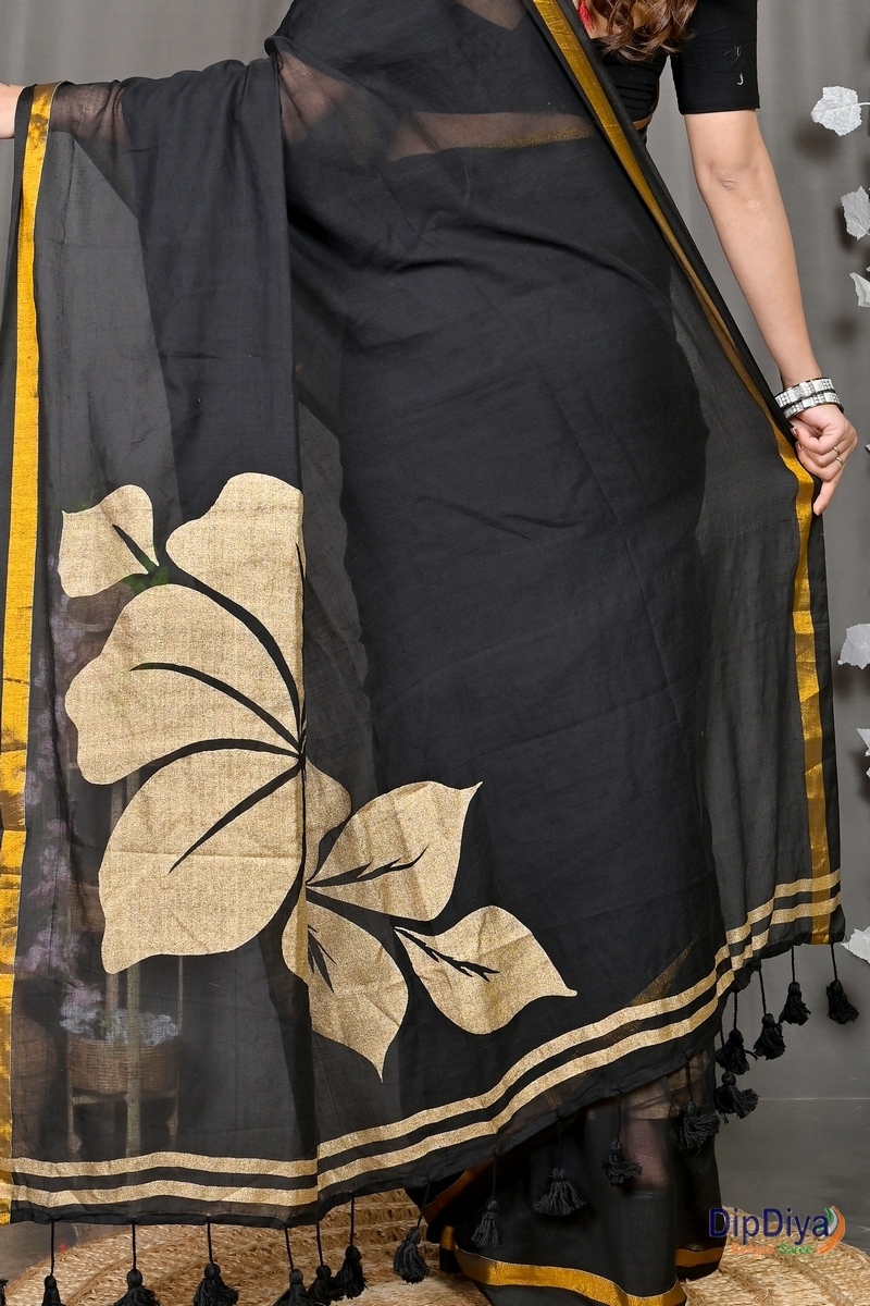 Black Cotton Blended Soura Printed Handloom Saree (603)